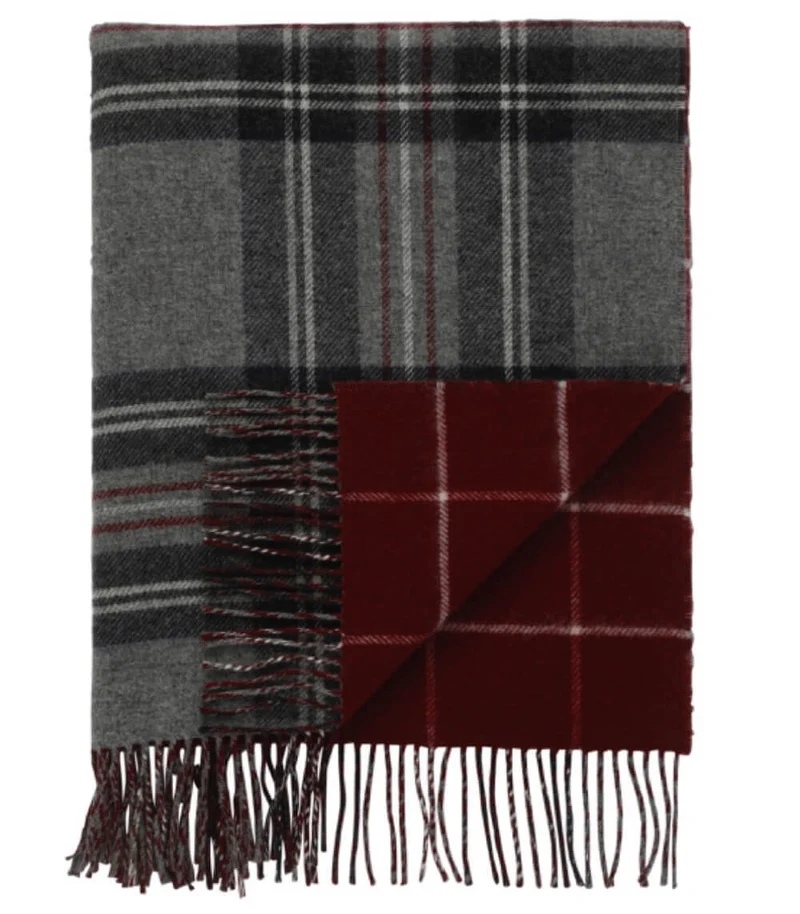Plaid Laine Écossais Réversible Luxe Gris et Bordeaux 140 X 190 cm
