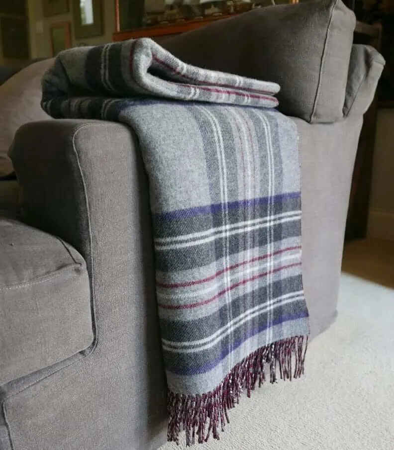 Plaid Laine Écossais Réversible Luxe Gris et Bordeaux 140 X 190 cm