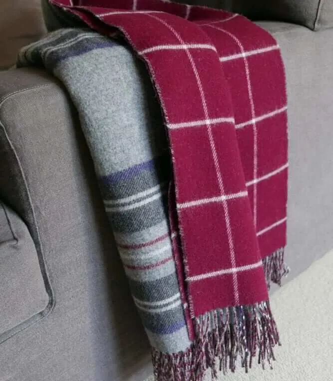 Plaid Laine Écossais Réversible Luxe Gris et Bordeaux 140 X 190 cm