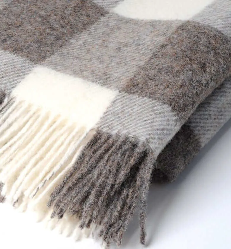 Plaid Naturel Pure Laine Carreaux Brun 135 X 195 cm