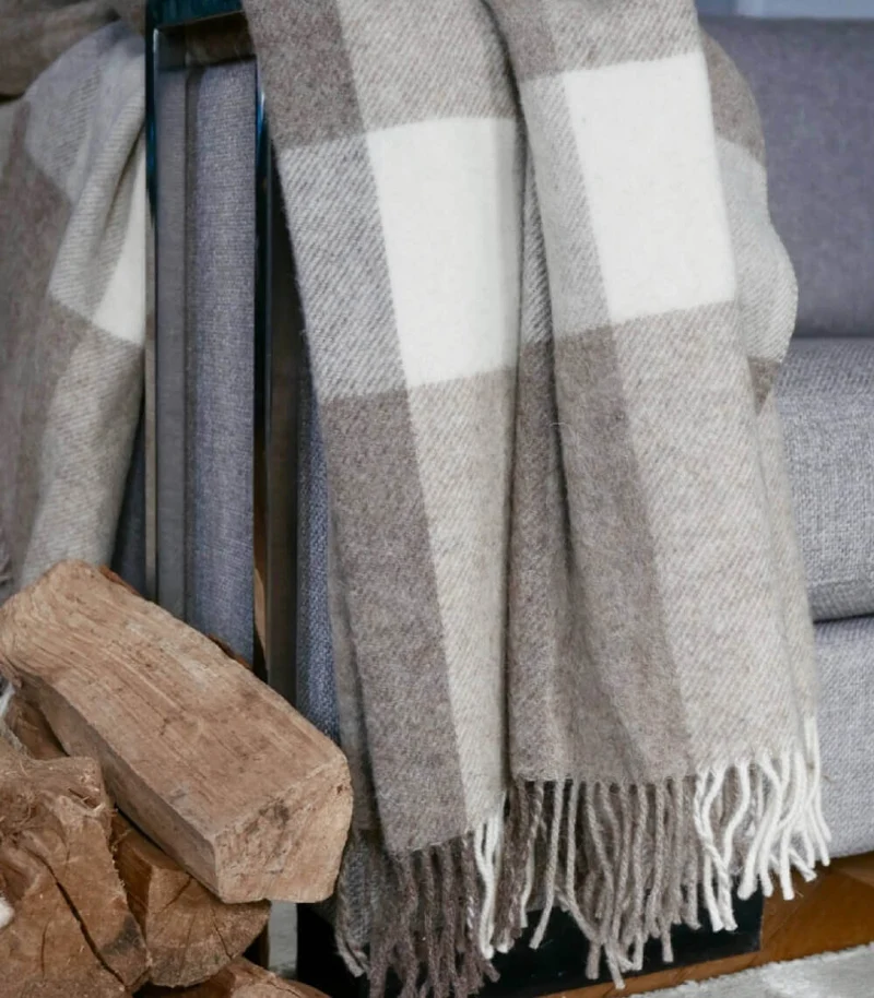 Plaid Naturel Pure Laine Carreaux Brun 135 X 195 cm