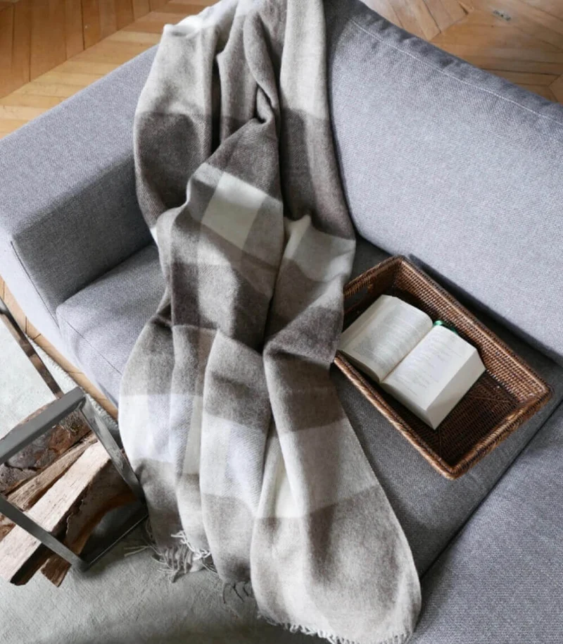 Plaid Naturel Pure Laine Carreaux Brun 135 X 195 cm