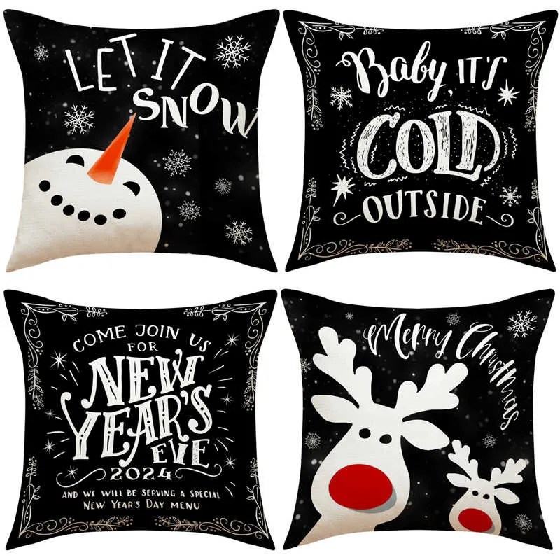 Housse de Coussin Noël Noir 45cm-Lot de 4