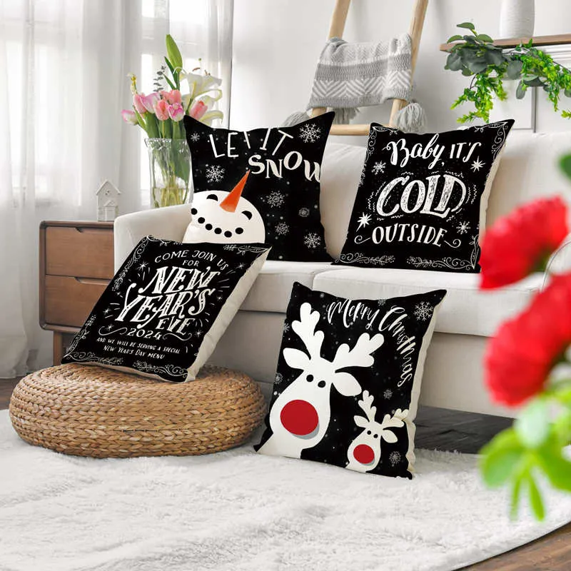 Housse de Coussin Noël Noir 45cm-Lot de 4