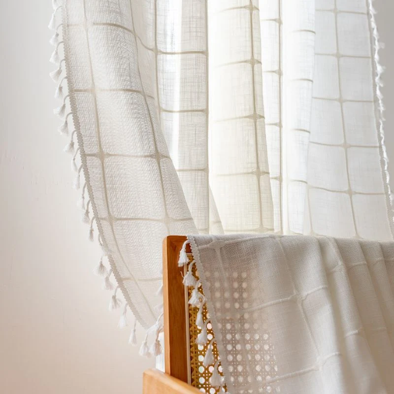 Rideau Tamisant à Carreaux Blanc Beige 140 x H240 cm