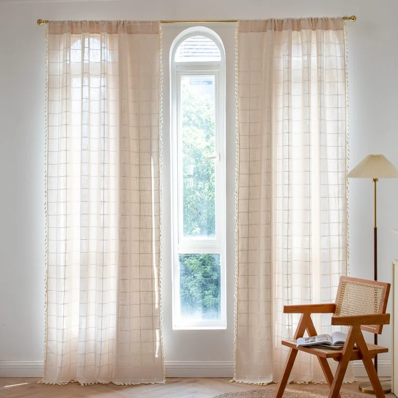 Rideau Tamisant à Carreaux Blanc Beige 140 x H240 cm