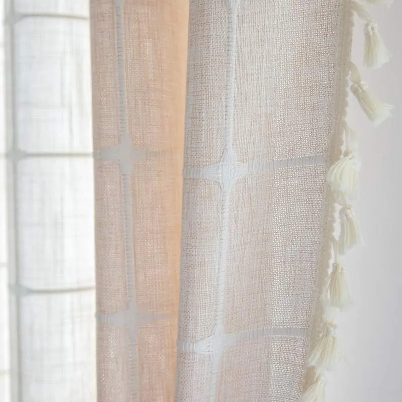 Rideau Tamisant à Carreaux Blanc Beige 140 x H240 cm