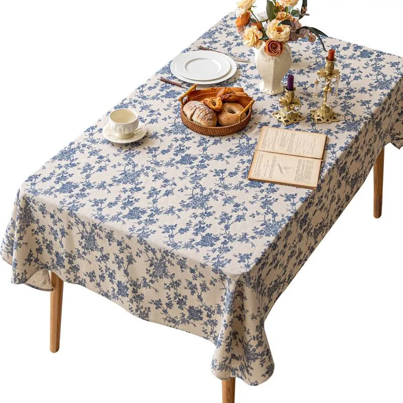 Nappe Table en Lin Coton Motif Fleur Bleue