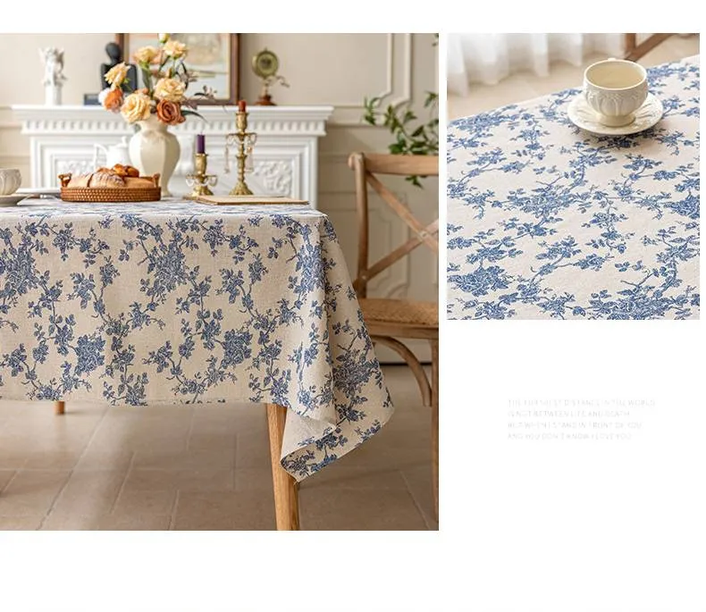 Nappe Table en Lin Coton Motif Fleur Bleue