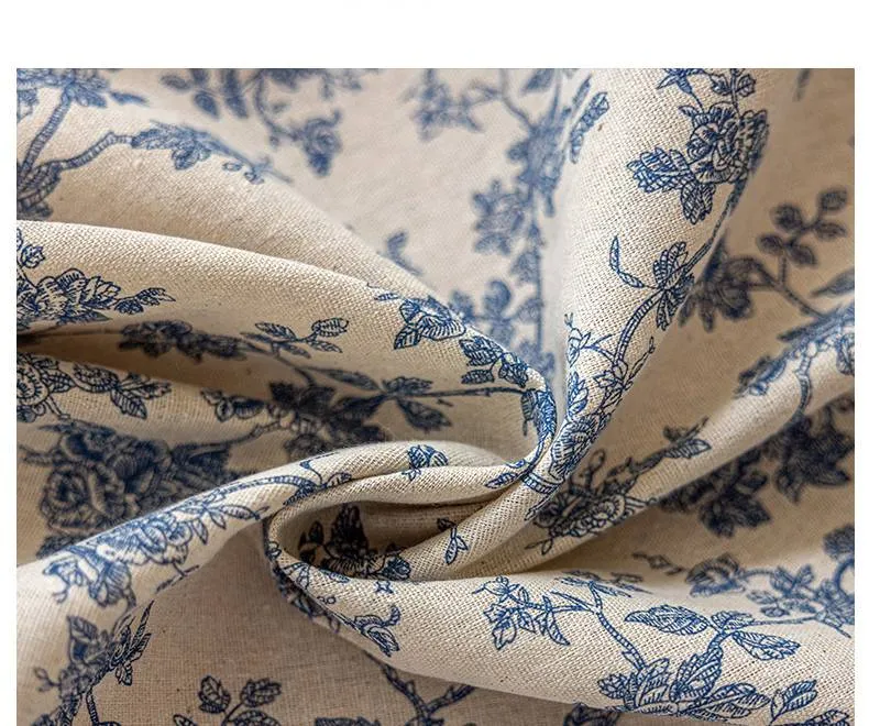 Nappe Table en Lin Coton Motif Fleur Bleue
