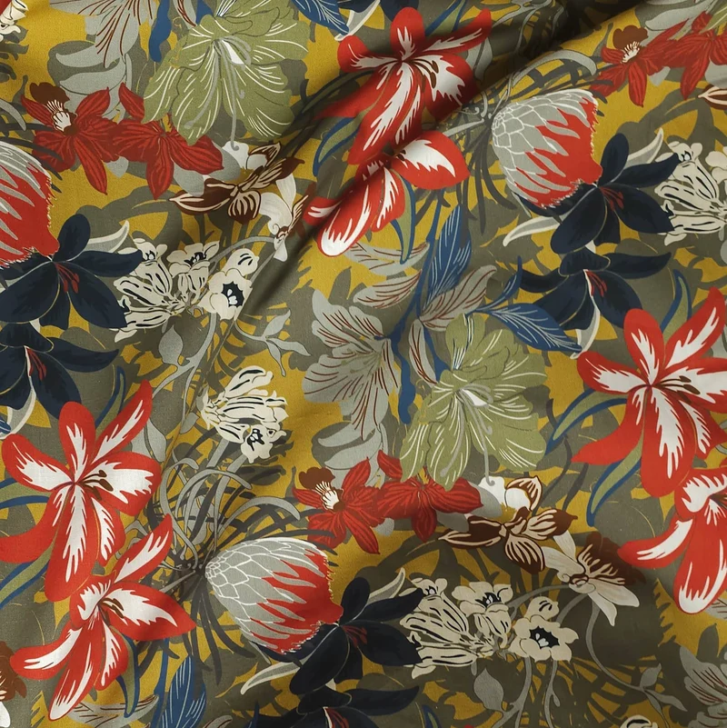 Tissu en coton biologique | Floral botanique tropical moutarde