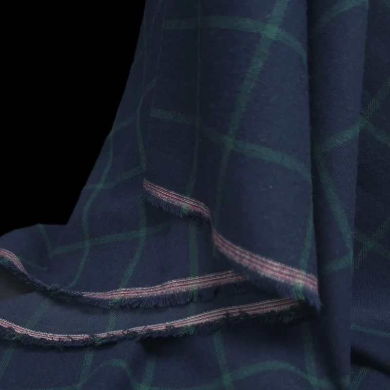 Flanelle de coton haut de gamme | Carreaux fenêtre bleu marine & vert forêt