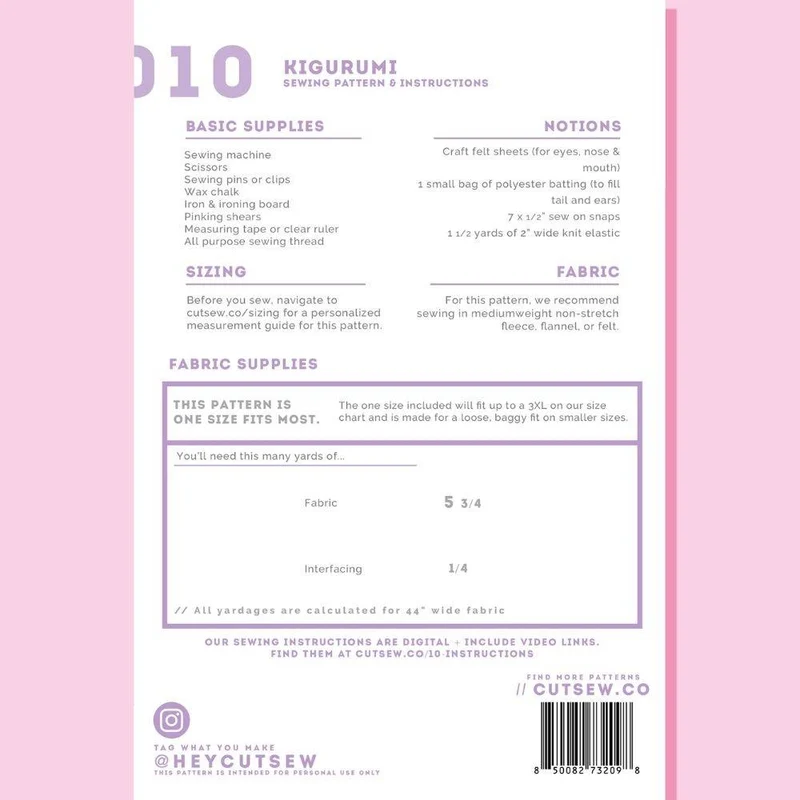 PATRON DE COUTURE PDF | 010 Kigurumi | CUT/SEW | ANGLAIS SEULEMENT | A4 SEULEMENT | UNISEXE