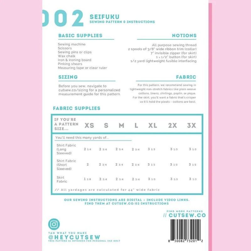PATRON DE COUTURE PDF | 002 Chemise Seifuku & Jupe | CUT/SEW | ANGLAIS SEULEMENT | A4 SEULEMENT