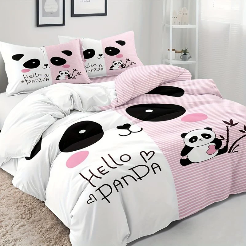 Housse de Couette et Deux Taies 3D Panda Rose 140x200