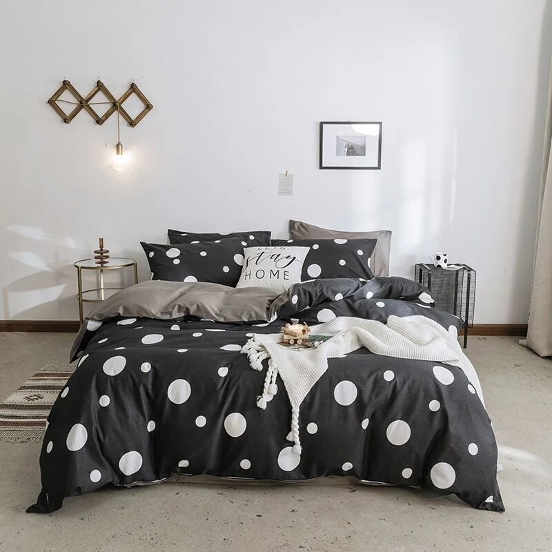 Housse de Couette et Deux Taies à Pois Blancs 240cm Noir