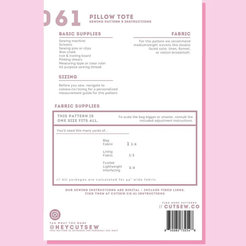 PATRON DE COUTURE PDF | 061 Sac fourre-tout Pillow | CUT/SEW | ANGLAIS SEULEMENT | A4 SEULEMENT