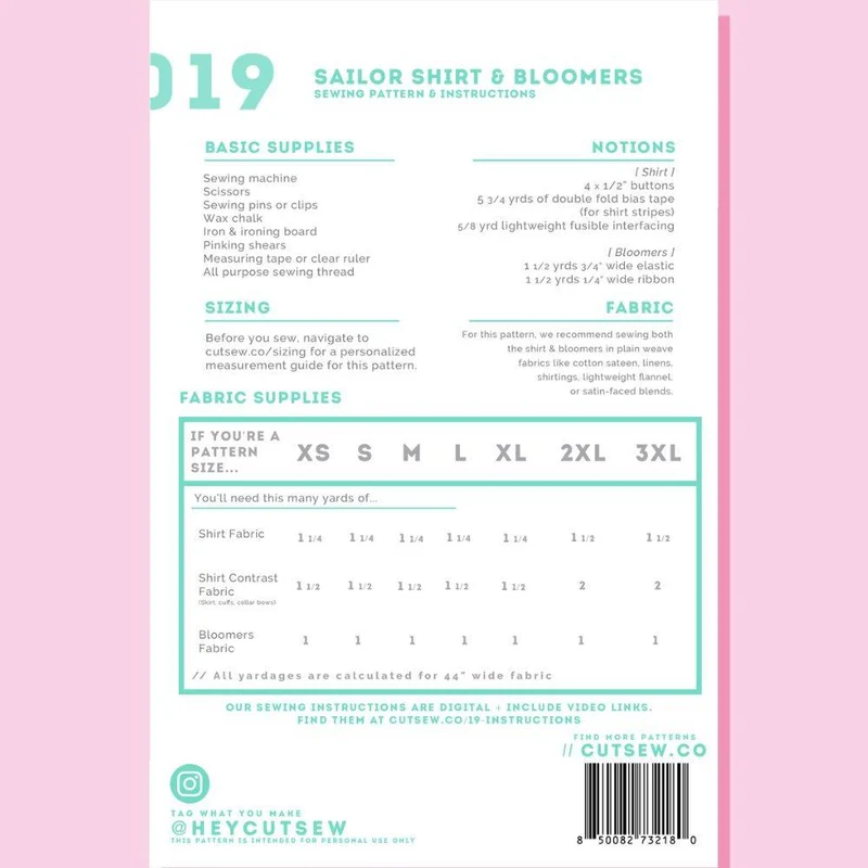 PATRON DE COUTURE PDF | 019 Chemise marin & Bloomer | CUT/SEW | ANGLAIS SEULEMENT | A4 SEULEMENT