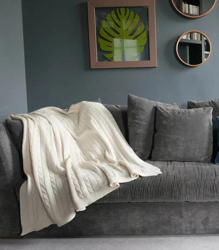 Plaid Hamptons Laine Blanc Cassé Torsade