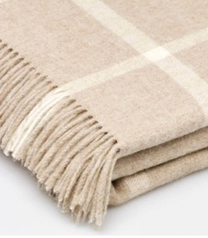 Plaid Laine Mérinos Carreaux Beige 140 X 185 cm