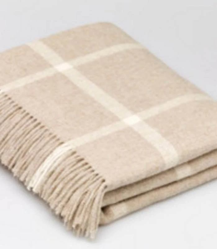 Plaid Laine Mérinos Carreaux Beige 140 X 185 cm