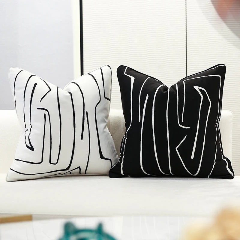 Lot de 2 Housses de Coussin Coton Doux 50x50 Ligne Noir Blanc