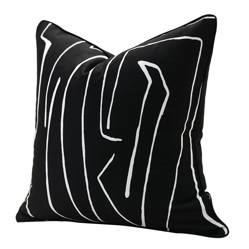 Lot de 2 Housses de Coussin Coton Doux 50x50 Ligne Noir Blanc