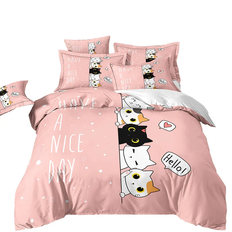 Housse de Couette et Deux Taies 3D Chat Rose 240cm