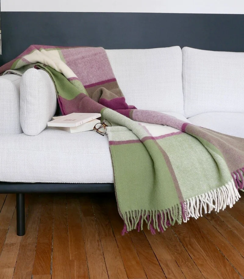 Plaid Laine Carreaux Framboise 150 X 183 cm