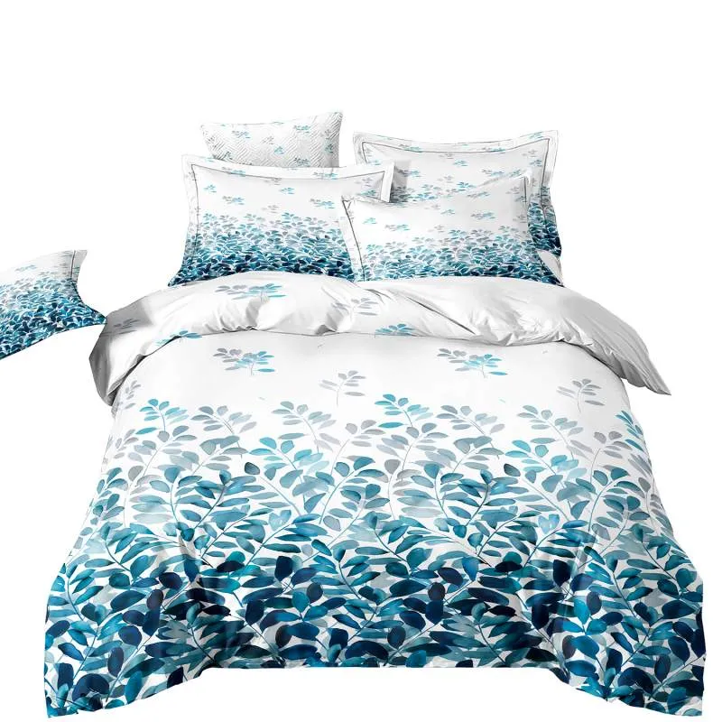 Housse de Couette et Deux Taies Feuille Bleu 240cm