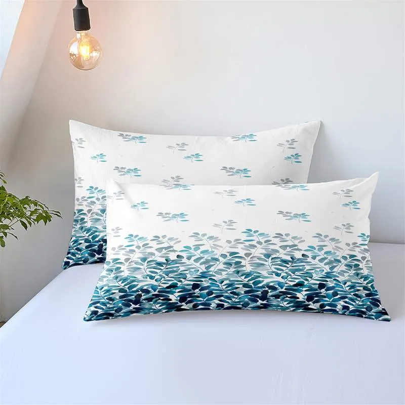 Housse de Couette et Deux Taies Feuille Bleu 240cm