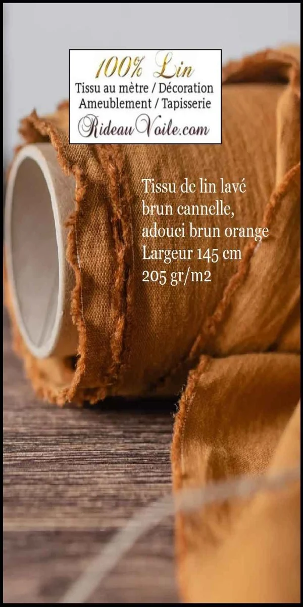 Boutique tissu toile 100% Lin jaune brun cannelle achat au mètre confection rideau