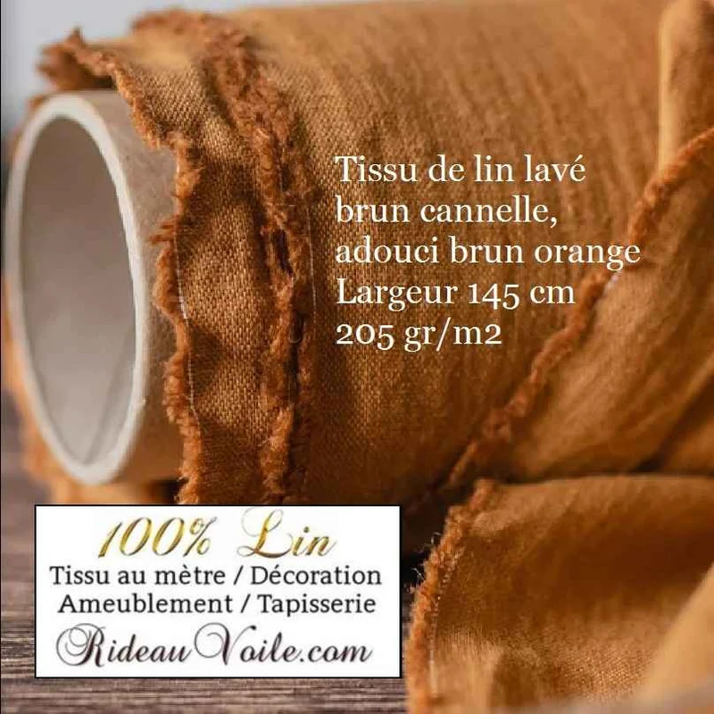 Boutique tissu toile 100% Lin jaune brun cannelle achat au mètre confection rideau