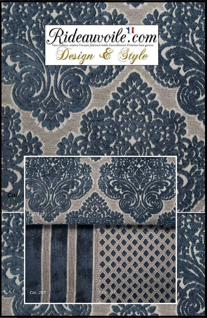 Boutique Tissu inspiration déco tapissier jacquard Velours chenille bleu mètre rideau