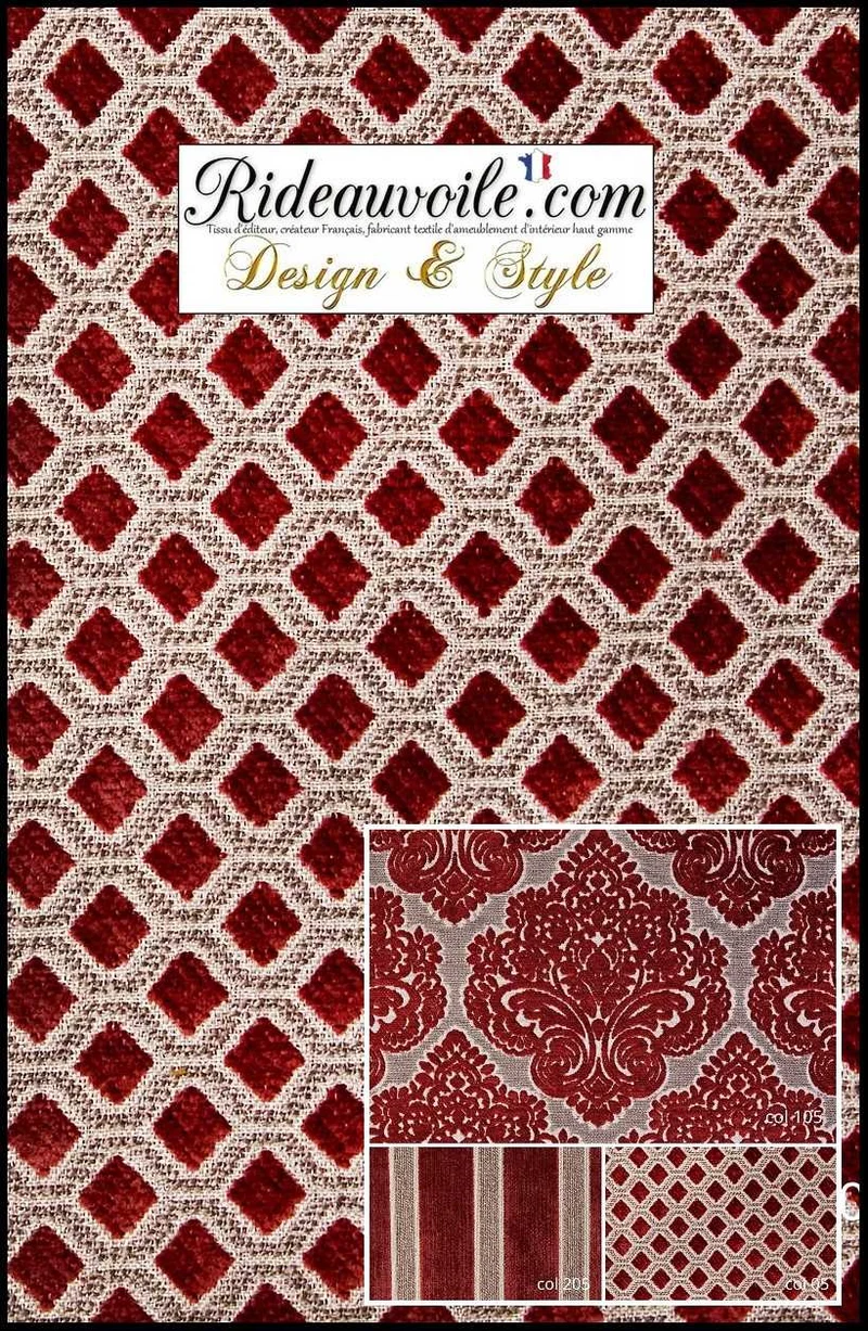 Tissu d'ameublement luxe velours chenille rouge rubis mètre décoration tapissier