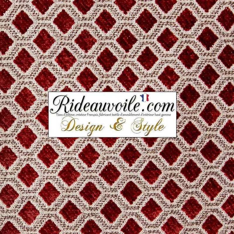 Tissu d'ameublement luxe velours chenille rouge rubis mètre décoration tapissier