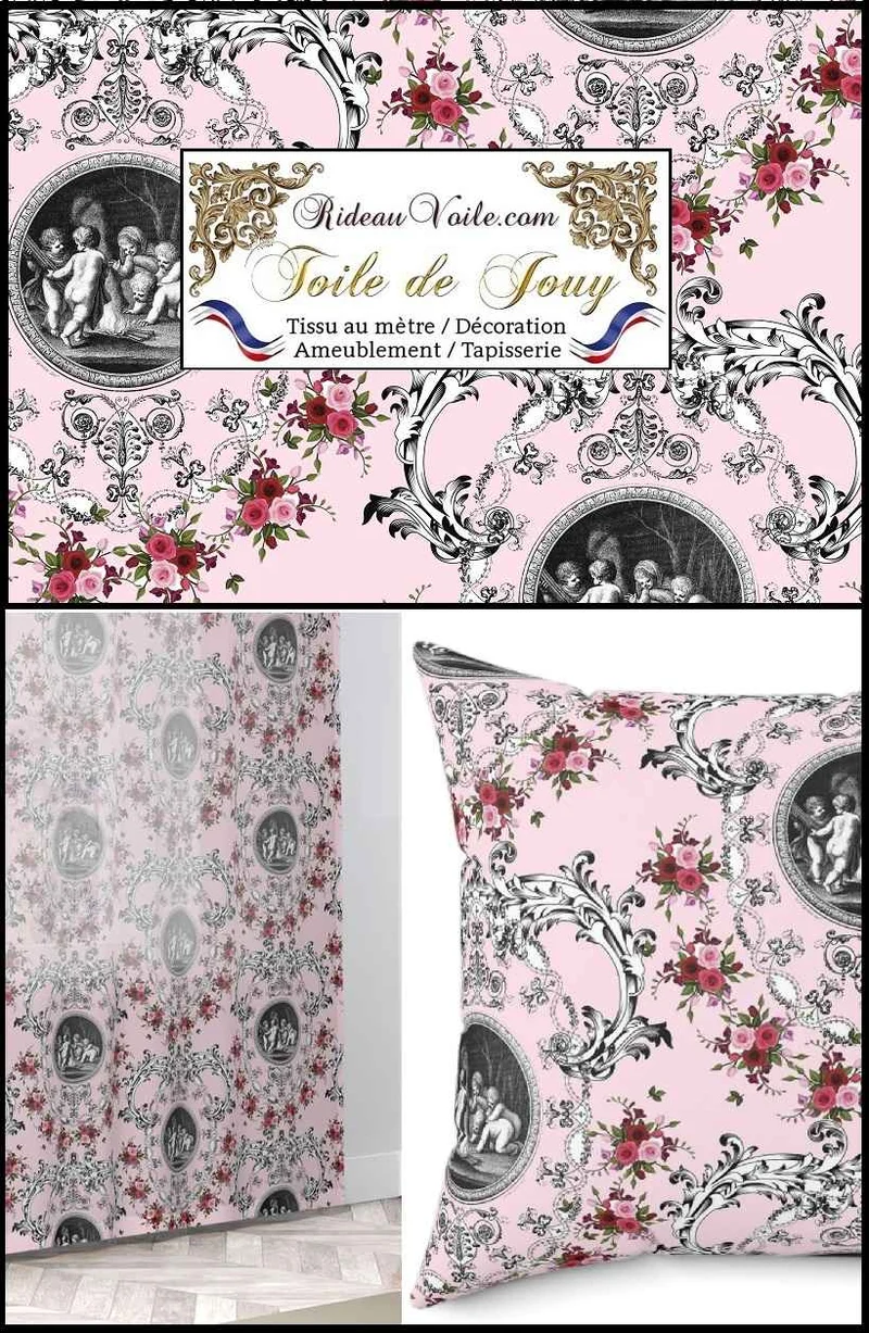 Tissu d'ameublement d'intérieur Toile de Jouy rose motif fleuri ornement Baroque