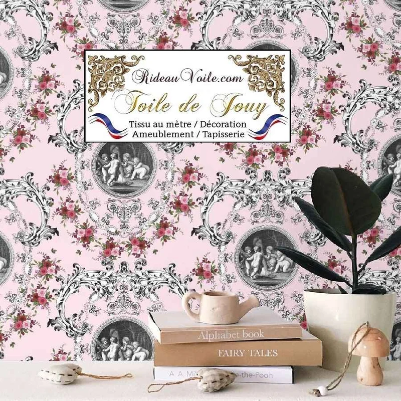 Tissu d'ameublement d'intérieur Toile de Jouy rose motif fleuri ornement Baroque