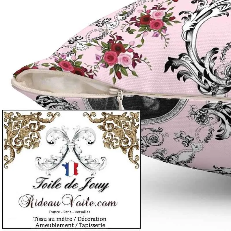 Tissu d'ameublement d'intérieur Toile de Jouy rose motif fleuri ornement Baroque