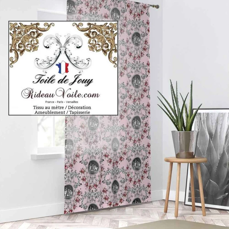 Tissu d'ameublement d'intérieur Toile de Jouy rose motif fleuri ornement Baroque
