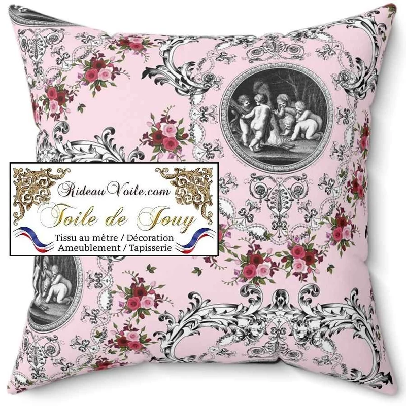 Tissu d'ameublement d'intérieur Toile de Jouy rose motif fleuri ornement Baroque