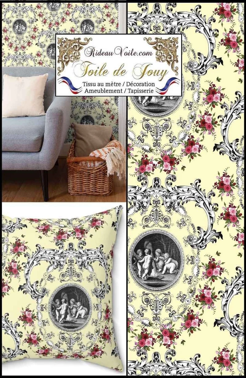 Tissu d'ameublement Toile de Jouy jaune motif imprimé fleuri ornement Baroque