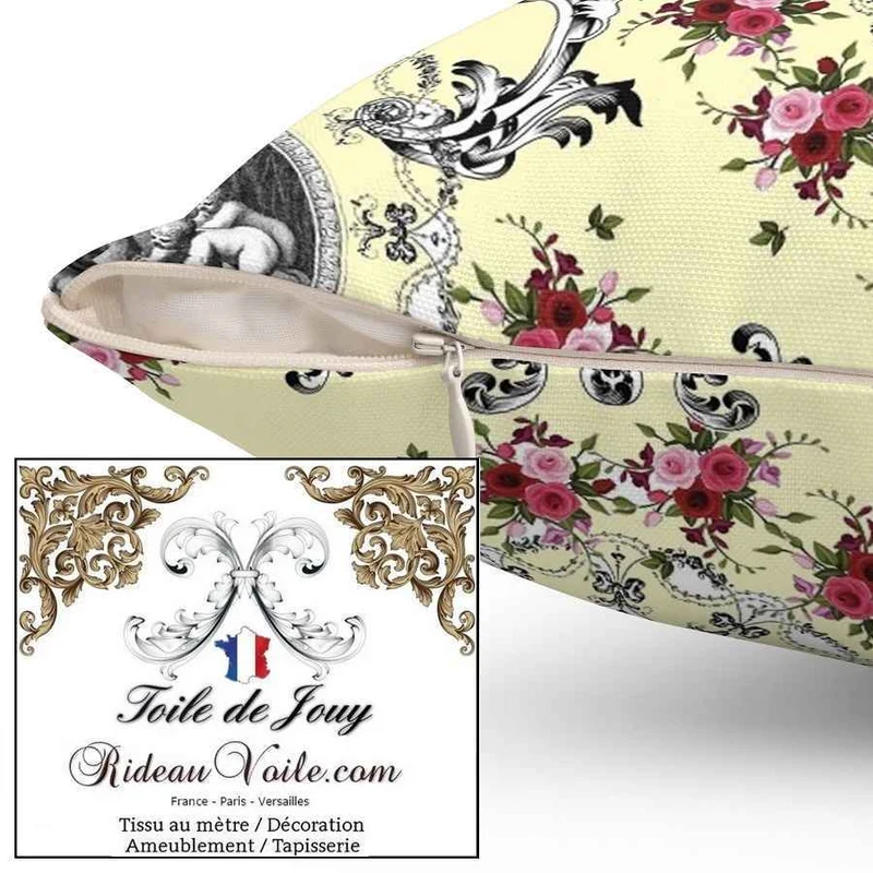 Tissu d'ameublement Toile de Jouy jaune motif imprimé fleuri ornement Baroque