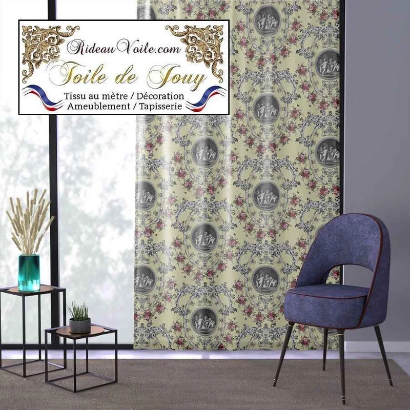 Tissu d'ameublement Toile de Jouy jaune motif imprimé fleuri ornement Baroque
