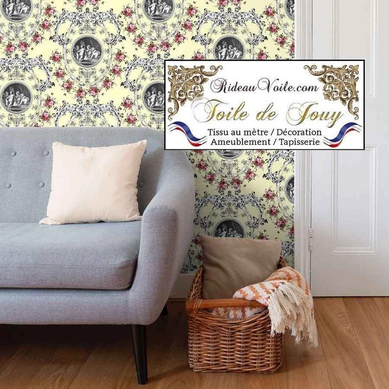 Tissu d'ameublement Toile de Jouy jaune motif imprimé fleuri ornement Baroque