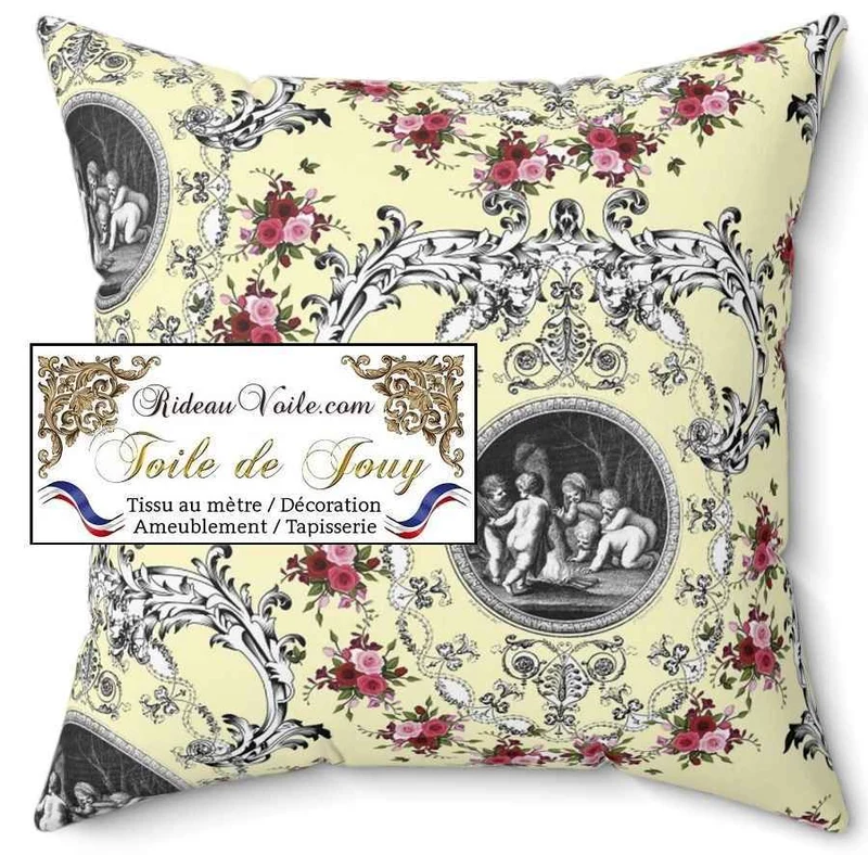 Tissu d'ameublement Toile de Jouy jaune motif imprimé fleuri ornement Baroque