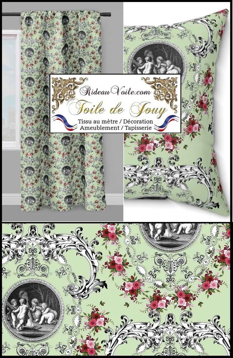 Tissu d'ameublement Toile de Jouy vert motif imprimé fleuri ornement Baroque