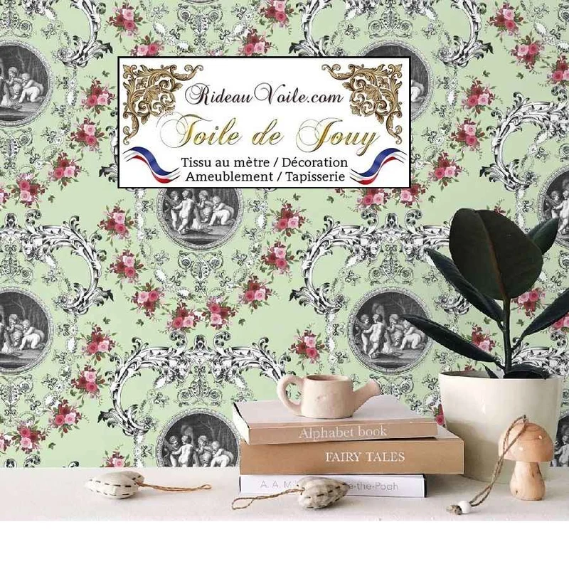 Tissu d'ameublement Toile de Jouy vert motif imprimé fleuri ornement Baroque
