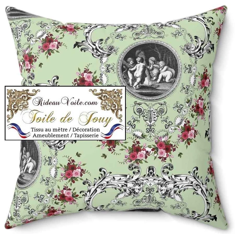Tissu d'ameublement Toile de Jouy vert motif imprimé fleuri ornement Baroque