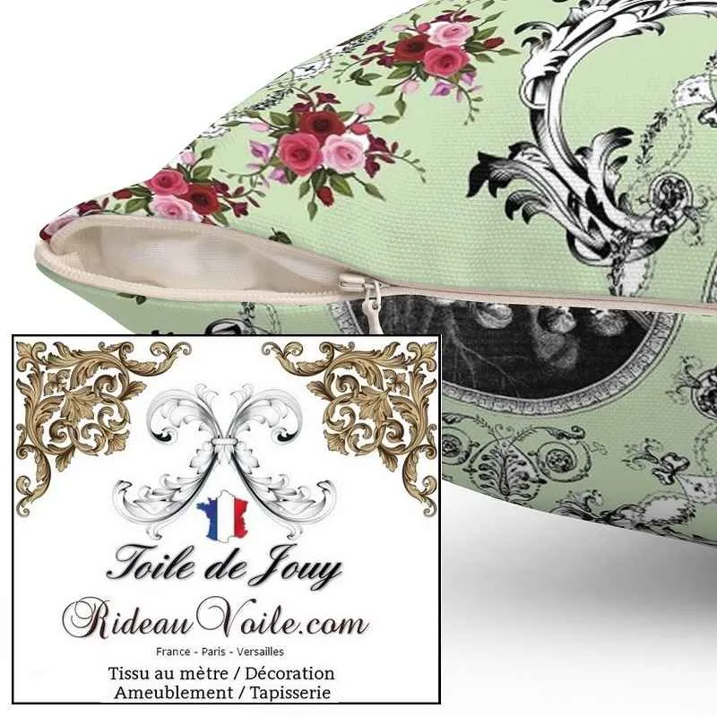 Tissu d'ameublement Toile de Jouy vert motif imprimé fleuri ornement Baroque